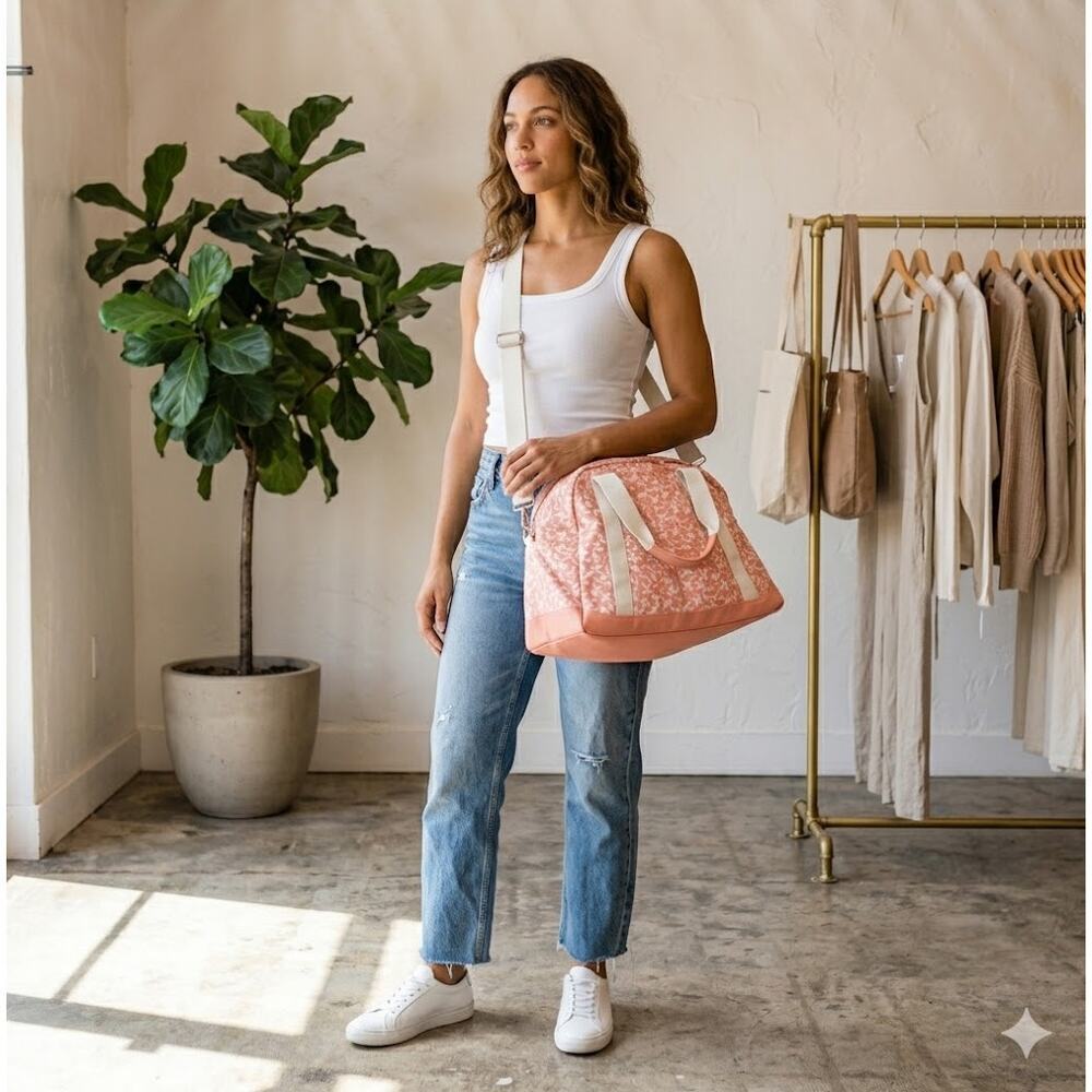 Floral Weekender Duffel Bag Peach Pink Travel Tote GUC